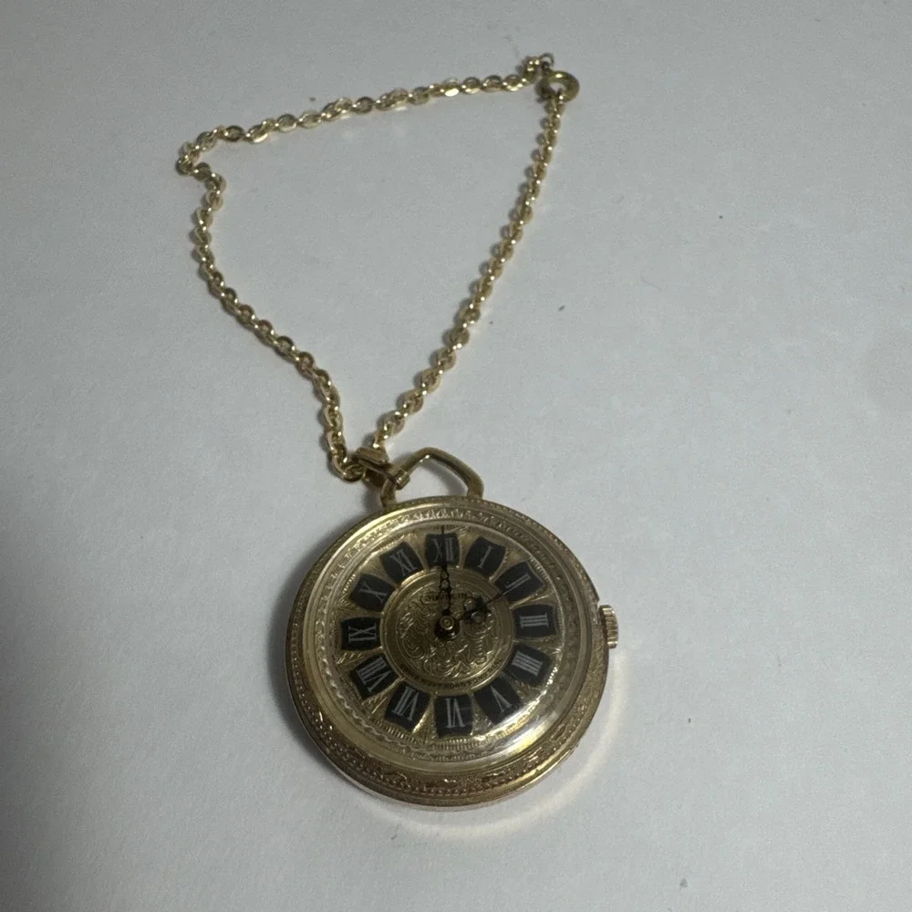 Vintage Juvelin Roman Numeral Pocket Watch with Chain Swiss Hong Kong